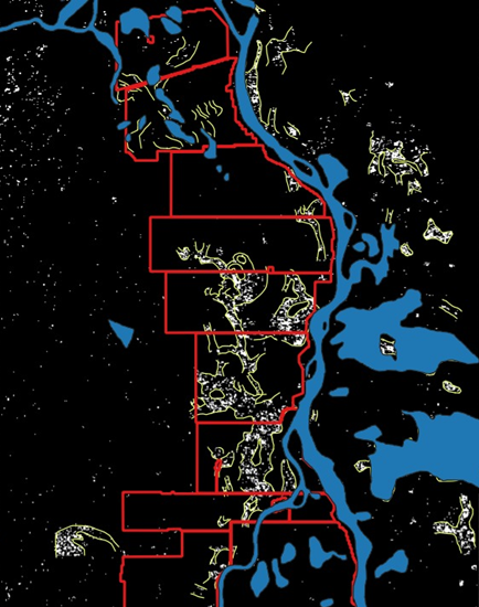 Imagen satelital de los polígonos del proyecto sobre el cauce del río